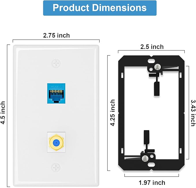 Iwillink 10Gbps Ethernet Wall Plate CAT6A, 2-Port Keystone Wall Plate and Jack Outlet, COAX Wall Plates with Single Gang Low Voltage Mounting Bracket - 2 Pack