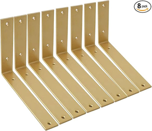 Shelf Brackets 10 Inch Wall L Brackets 8PCS Heavy Duty for Shelves Metal Gold Rustic Industrial Brackets for DIY Opening Shelves Project Hardware Included