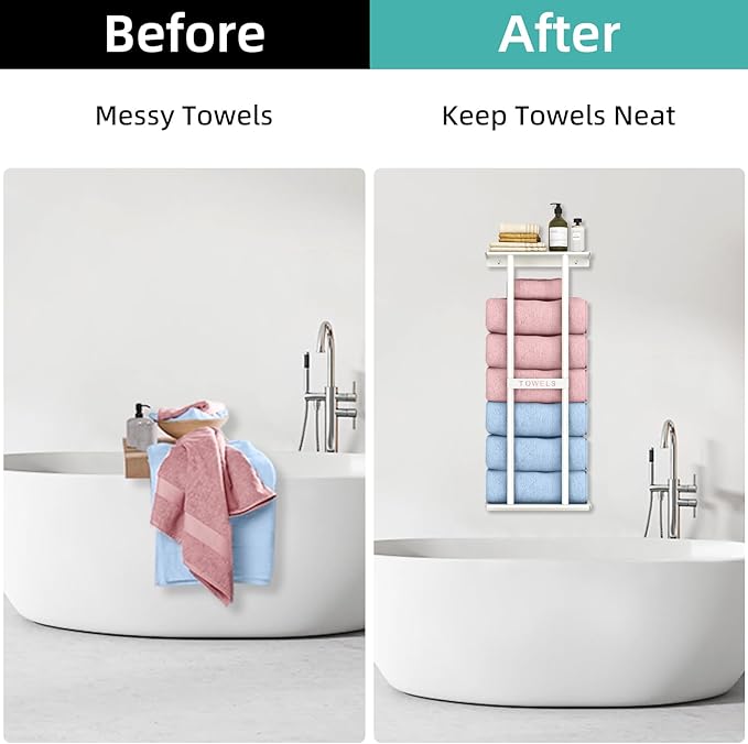 Wall Towel Rack for Rolled Towels, Towel Storage for Small Bathroom Can Holds 6 Large Towels, 30 inch Towel Racks with Shelf, White