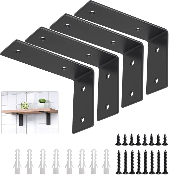 YUMORE L Brackets Heavy Duty, 5x3x1.8 Inch Stainless Steel Shelf Brackets Wall Mounted for Floating Shelves Industrial Farmhouse, Includes Hardware, Rustic Black, Pack of 4