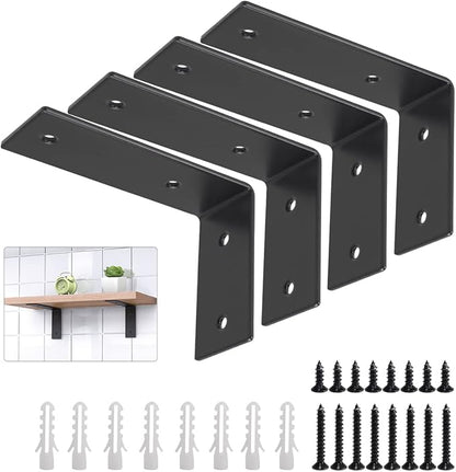 YUMORE L Brackets Heavy Duty, 5x3x1.8 Inch Stainless Steel Shelf Brackets Wall Mounted for Floating Shelves Industrial Farmhouse, Includes Hardware, Rustic Black, Pack of 4