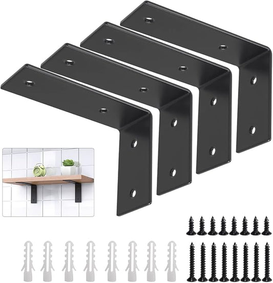 YUMORE L Brackets Heavy Duty, 5x3x1.8 Inch Stainless Steel Shelf Brackets Wall Mounted for Floating Shelves Industrial Farmhouse, Includes Hardware, Rustic Black, Pack of 4