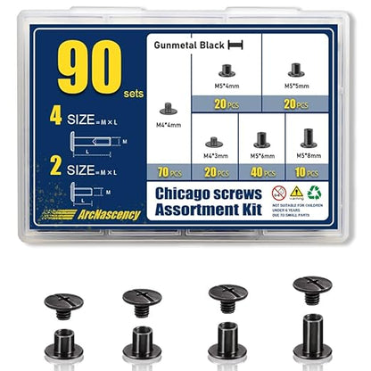 90 Sets Gunmetal Black Chicago Screws Leather Rivets Kit, 4 Sizes (M5*4,5,6,8) & 2 Screw Lengths (M4*3,4) for Belts, Bookbinding, DIY Leather (Gunmetal Black)