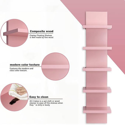 5 Tier Wall Shelves Pink, Vertical Column Shelf Floating Storage Home Decor Organizer Tall Tower Design Utility Shelving Bedroom Living Room, 30.7
