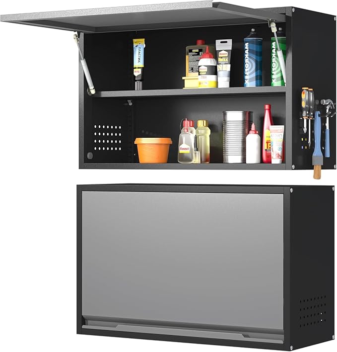 Garage Wall Cabinet, Floating Metal Wall Cabinet with Up-Flip Door and Shelves,19.7''H Hanging Wall Mounted Storage Cabinet for Garage, Warehouse, Workshop, RV