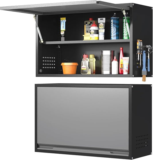 Garage Wall Cabinet, Floating Metal Wall Cabinet with Up-Flip Door and Shelves,19.7''H Hanging Wall Mounted Storage Cabinet for Garage, Warehouse, Workshop, RV