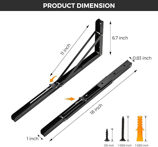 JOY DECOR 18 Inch Heavy Duty Folding Shelf Brackets, 4 Pack (2 Pairs) Collapsible Wall Mounted Brackets for Fold Down Table, Stainless Steel Folding Table Hinge, Matte Black