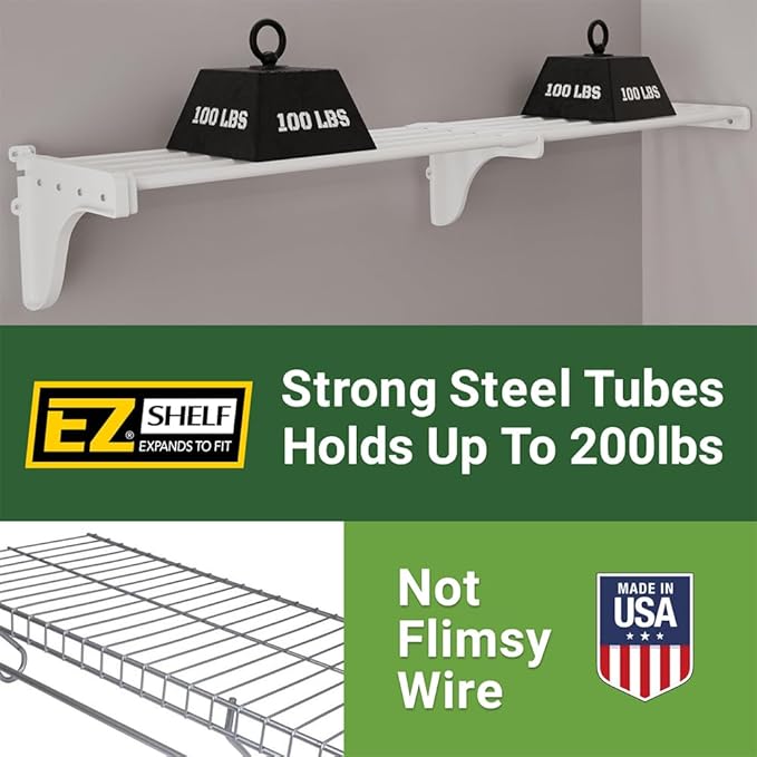 EZ Shelf-Expandable-Closet Shelf (NO Hanging Rod)- 19.5” to 29” -White-Easy Install to Backwall(Floating)-Wire Closet Shelving Alternative-(EZS-SW27-1-2)