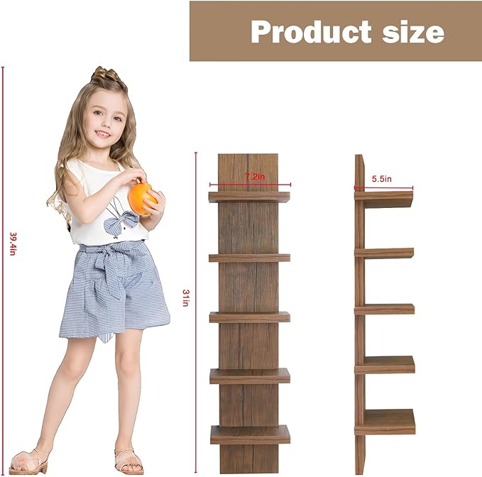 5 Tier Wall Shelves Brown, Vertical Column Shelf Floating Storage Home Decor Organizer Tall Tower Design Utility Shelving Bedroom Living Room