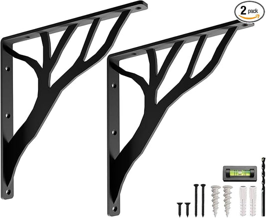 Rustic Tree Black Heavy Duty Shelf Brackets 12 inch by Balin Designs, Decorative L Brackets, Iron Metal Floating Shelf Bracket, Wall Mount Shelving Bracket, Included Hardware, Set of 2