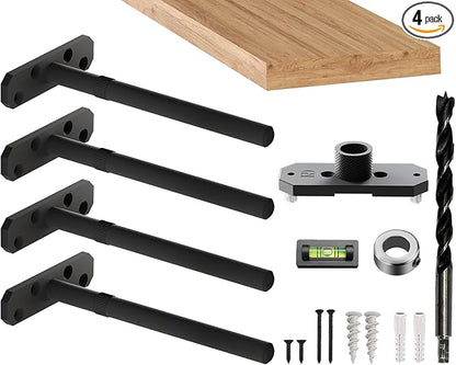 Invisible Floating Shelf Bracket 5 Inch Rod 1/2 inch Diameter Heavy Duty with Jig – Hidden Metal Mantel Mount for Wall Shelves – Floating Shelf Hardware for Bathroom, Kitchen & Living Room (4 Pack)
