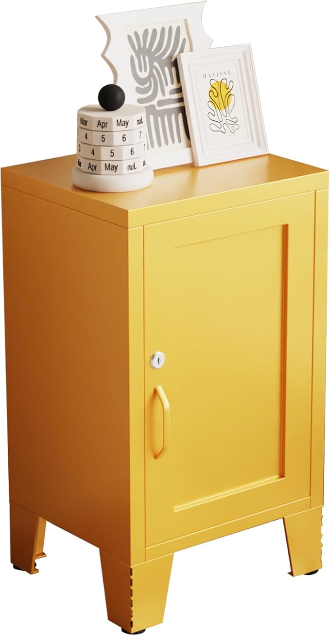ALBAD Metal Nightstand with Lockable Cabinet, Compact Mini Locker Bedside Table for Kids & Adults, Modern Steel Side Table for Bedroom, Dorm, or Living Room (Yellow)