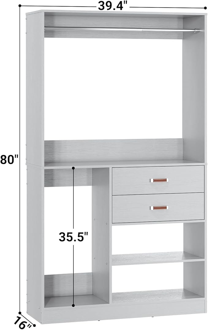Armocity Freestanding Closet System with Suitcase Storage, 40 Inches Stand-alone Wardrobe with 2 Wood Drawers, 80'' Height Adjustable Cloth Garment Rack, Walk-in Closet with Hanging Rod, Grey