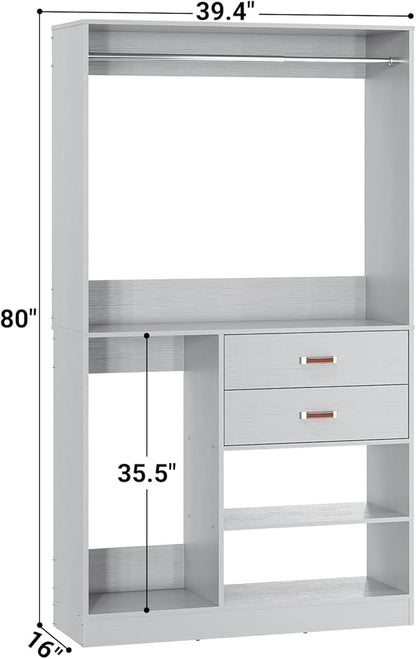 Armocity Freestanding Closet System with Suitcase Storage, 40 Inches Stand-alone Wardrobe with 2 Wood Drawers, 80'' Height Adjustable Cloth Garment Rack, Walk-in Closet with Hanging Rod, Grey