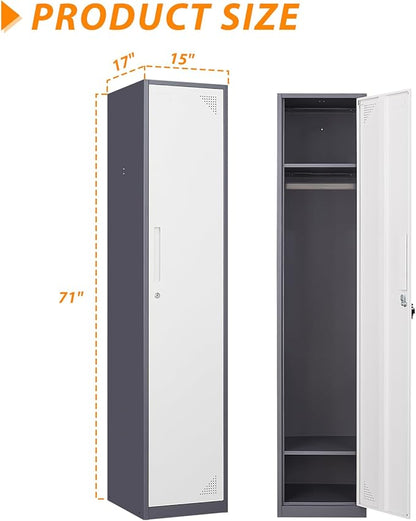 Metal Locker for Home, Dressing Room, 71" Steel Storage Lockers for Employees, Lockable Locker Cabinet with 1 Door (Grey White)