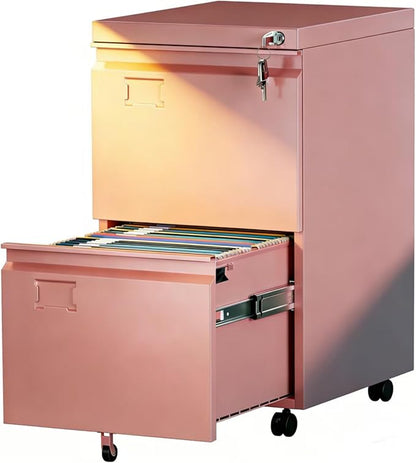 METAN Metal 2 Drawer File Cabinet with Lock, Mobile File Cabinet Under Desk for Letter/Legal Size,Assembly Required,Pink