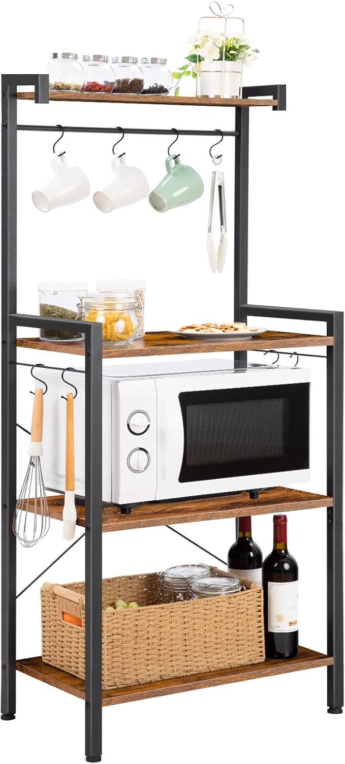 HOOBRO Kitchen Bakers Rack with Storage, 4 Tiers Coffee Bar Station, Microwave Stand with 8 S-Shaped Hooks, Kitchen Storage Shelf Rack for Small Spaces, Rustic Brown and Black BF04HB01
