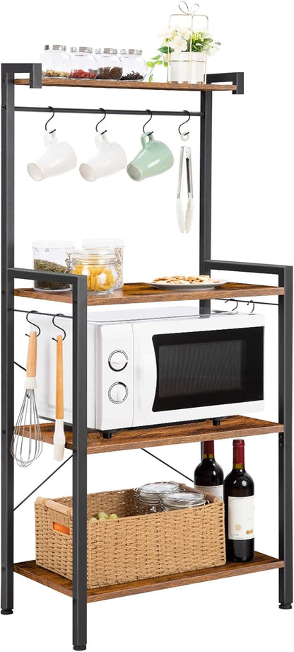 HOOBRO Kitchen Bakers Rack with Storage, 4 Tiers Coffee Bar Station, Microwave Stand with 8 S-Shaped Hooks, Kitchen Storage Shelf Rack for Small Spaces, Rustic Brown and Black BF04HB01