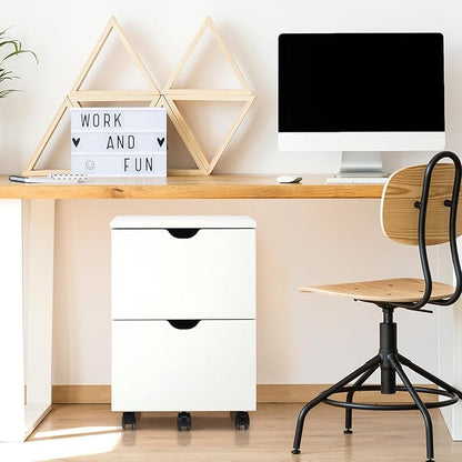 HollyHOME Under Desk Cabinet, Deep 2-Drawer Mobile Wood Cabinet, Storage Drawer for Home, Rolling Shelf for Office, Rolling Printer Stand, for A4, Modern, White