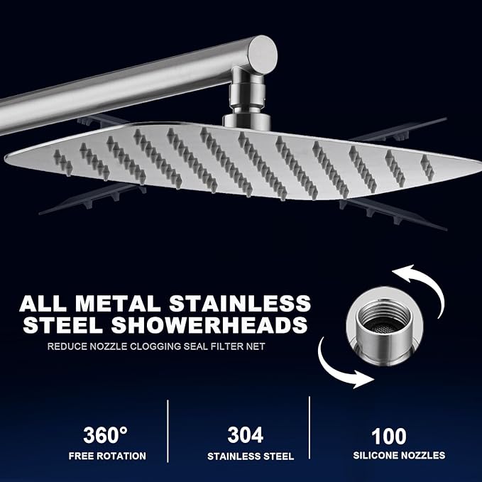 SonTiy Rain Shower Head with Handheld Spray and Shower Shelf, All Metal Shower System Kit with Hand Shower, Height Adjustable Holder and Brass Diverter for Whole Family, 1.8GPM,Brushed Nickel