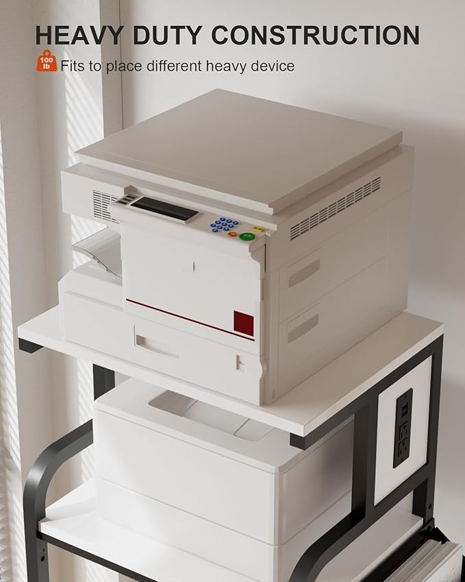 Tall Printer Stand with Charging Station, 4-Tier Large Printer Table Adjustable Shelf, Mobile Printer Cart on Wheels Heavy Duty for Home Office, Fits 3D Printer Shredder Scanner Fax, White