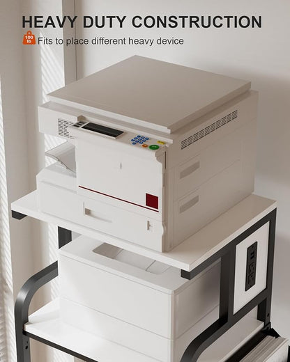 Tall Printer Stand with Charging Station, 4-Tier Large Printer Table Adjustable Shelf, Mobile Printer Cart on Wheels Heavy Duty for Home Office, Fits 3D Printer Shredder Scanner Fax, White