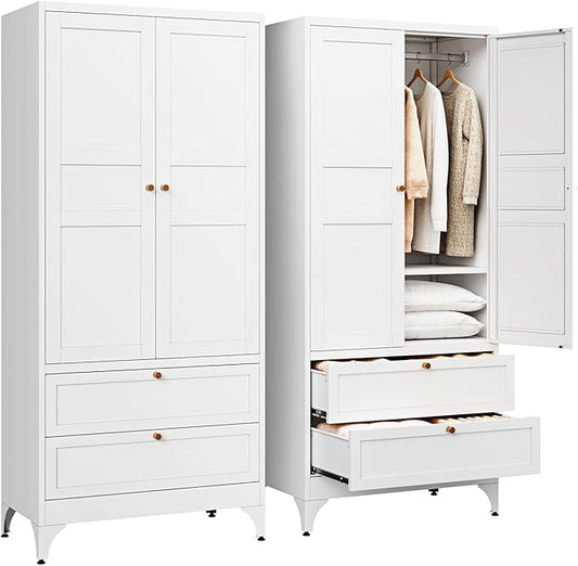 Letaya Metal Wardrobe Cabinets with 2 Drawers,71"Tall Armoire Wardrobe Closet with Doors and Shelves,Large Coat Closet Cabinet with Hanging Rod,Clothing Storage Cabinets for Bedroom,Home Office,White
