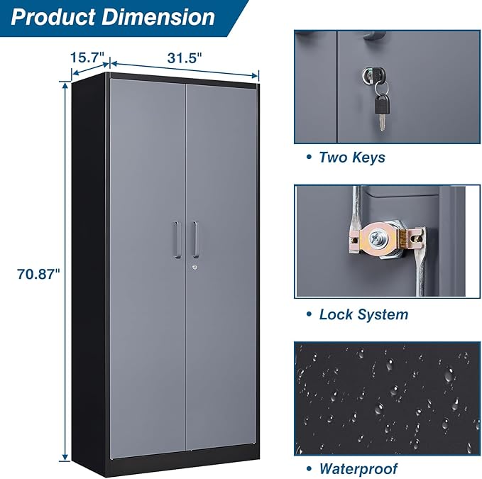 Metal Storage Cabinet, 71 Inch Tall with Adjustable Shelves & Locking Doors, Tool Cabinets for Garage, Office, Home, School, Gym Storage (Grey Black)
