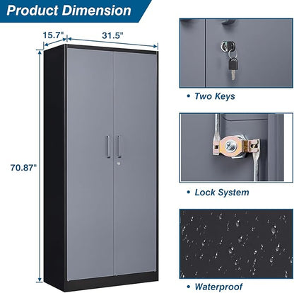 Metal Storage Cabinet, 71 Inch Tall with Adjustable Shelves & Locking Doors, Tool Cabinets for Garage, Office, Home, School, Gym Storage (Grey Black)