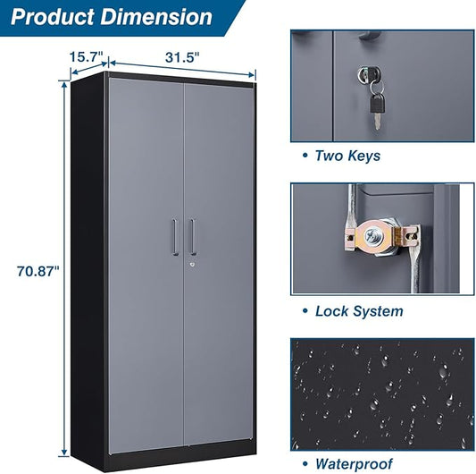 Metal Storage Cabinet, 71 Inch Tall with Adjustable Shelves & Locking Doors, Tool Cabinets for Garage, Office, Home, School, Gym Storage (Grey Black)