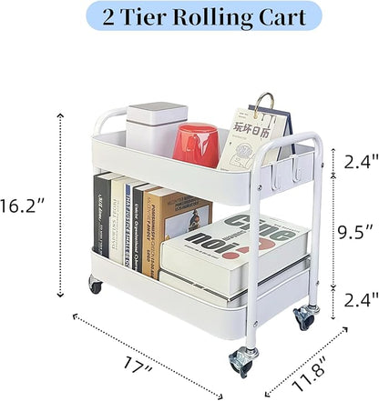 2 Tier Metal Rolling Cart with Wheels for Under Desk Storage & Pantry Storage, High Load-Bearing Kitchen Utility Cart for Small Space, Laundry Room Organization Side Table with 4 Hooks, White