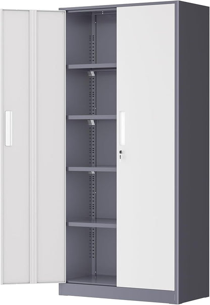 Greenvelly Metal Garage Storage Cabinet, Tall Steel Storage Cabinets with 2 Doors and 4 Adjustable Shelves, Metal Tool Cabinets, Locking File Cabinet for Home Office, Garage, School (Gray White)
