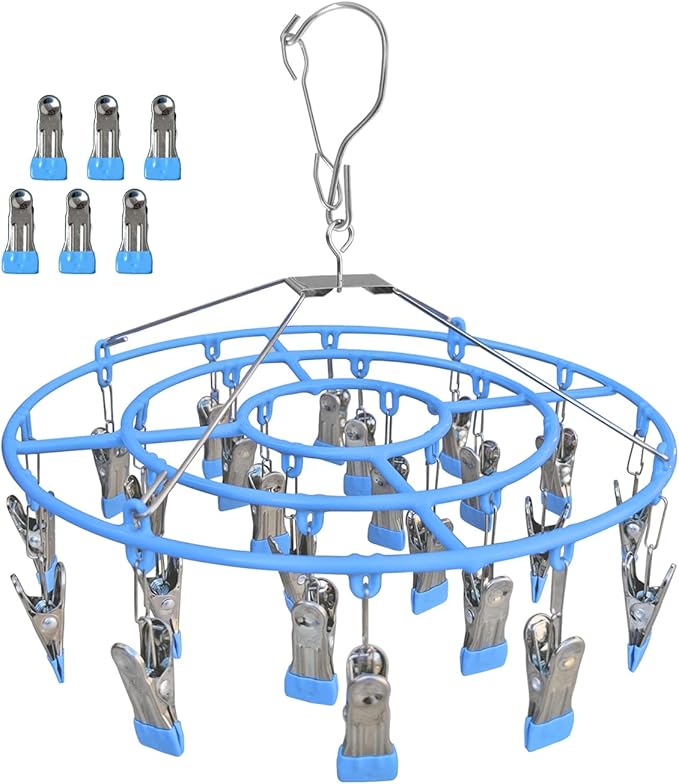 Clothes Drying Rack,Stainless Steel Laundry Drip Hanger with 24 Clips, Heavy Duty Round Swivel Windproof Hook Underwear Hanger for Drying Towel, Bras, Sock,Lingerie, Baby Clothes (Blue)
