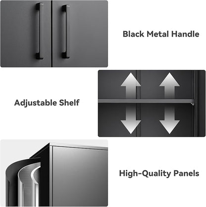 Metal Wall Cabinet,Garage Wall Cabinet with Handle,Lockable Storage Cabinets Wall Mounted with 2 Doors,Locking Cabinet with Shelves for Basement,Living Home,Black