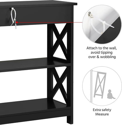 Yaheetech Console Table with Drawer, 39.5 Inch Narrow Sofa Table with Storage Shelves, 3-Tier Wood Entryway Table for Hallway/Living Room/Foyer, Black