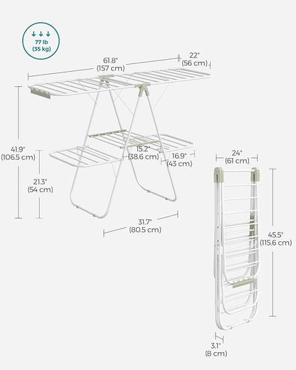 SONGMICS Clothes Drying Rack, Foldable 2-Level Laundry Drying Rack, Free-Standing Laundry Airer, with Height-Adjustable Wings, 33 Drying Rails, Sock Clips, White and Green ULLR053C01V1