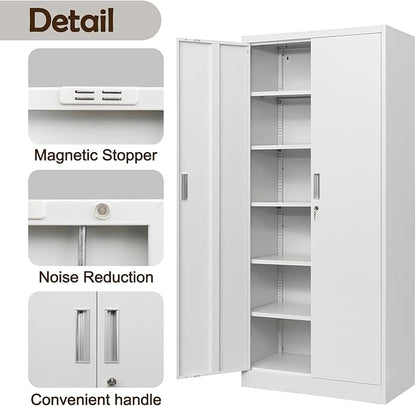 CJF Metal Storage Cabinets with 5 Adjustable Shelves, 71" H Locking Storage Cabinet for Garage, Office, School - White