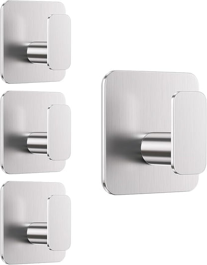 Silver Hooks for Hanging Heavy Duty, Adhesive Hooks for Shower, Bathroom, Kitchen, Robe, Towel, Coat, Waterproof & Rustproof Hook for Walls No Damage, Sticky Wall Towel Hooks - 4 Pack
