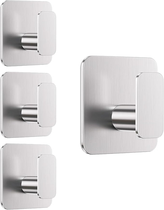 Silver Hooks for Hanging Heavy Duty, Adhesive Hooks for Shower, Bathroom, Kitchen, Robe, Towel, Coat, Waterproof & Rustproof Hook for Walls No Damage, Sticky Wall Towel Hooks - 4 Pack