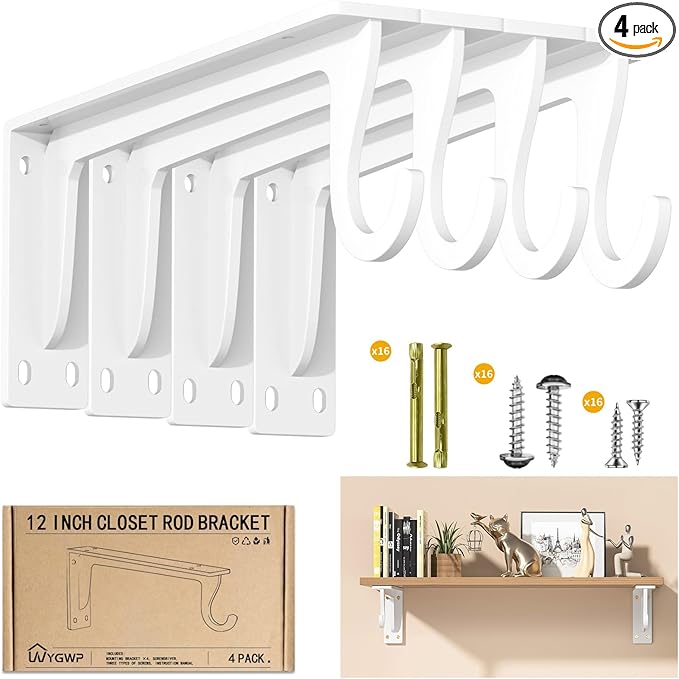 Closet Rod Support Bracket 12 inch WYGWP Heavy Duty Closet Shelves Brackets with Rod Shelving Supports 400lbs, Wall Mounted Shelf and Rod Holder for Armoire Wardrobe and Walk-in Closet Decor