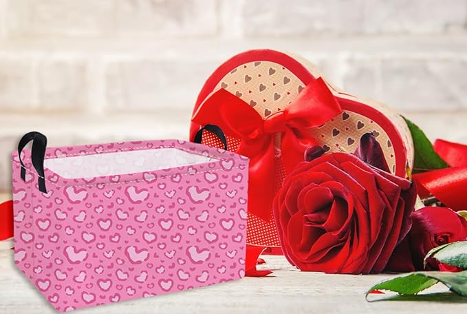 Essme Rectangular Valentine's Day Basket,Pink Heart Storage Bins Organizer with Handles for Girls Room Decor, Gift Basket,Shelf Basket.(Leopard print heart)
