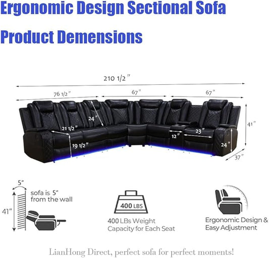 Power Sectional Sofa, Power Recliner Sofa Set for Living Room, Leather Reclining Sectional, Black 3PCS Recliner Couch Loveseat Sets with LED, USB Charging, Cup Holders, Storage for Home/Office