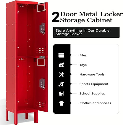 Metal Storage Locker with Lock & Card Slot Locker - Secure Lockable Door - Steel Locker for School, Office, Gym, Home - 66.15" H x 11.8" W x 11.8" D（2 Door, Red）