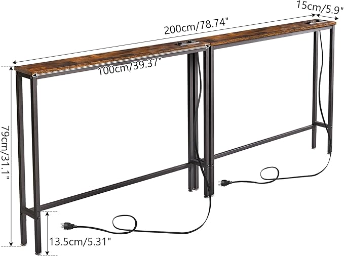 IBUYKE 2 Pack Console Table Narrow Long Sofa Table with Power Outlets USB Ports,Industrial Wooden Entry Table with Charge Station with Extension Cord,for Entryway Living Room Hallway Brown,TMJ061H-2