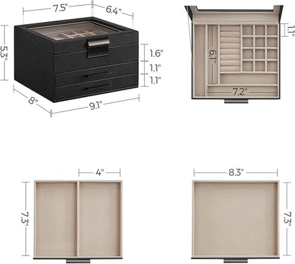 SONGMICS GISELLA Collection - Jewelry Box Organizer, 3-Layer Jewelry Storage with 2 Drawers, Shiny Metal Hardware, Glass Lid, Modern, 8 x 9.1 x 5.3 Inches, Ink Black and Silver UJBC239BK