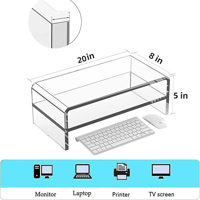 Acrylic Monitor Stand - 16/20 inch 2 Tier Riser for iMac, PC, Desktop, Laptop, TV with Storage Shelf, Home Office Desk Organizer (20in)