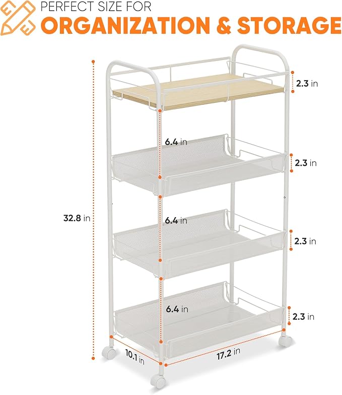 Sekey 4 Tier Rolling Cart Metal, Slim Storage Cart for Kitchen, Mobile Utility Cart with Wooden Top, Narrow Organizers and Storage with Universal Wheels, for Small Space, Bathroom, Laundry Room, White