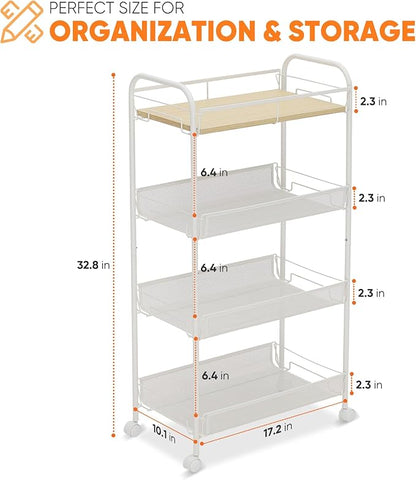 Sekey 4 Tier Rolling Cart Metal, Slim Storage Cart for Kitchen, Mobile Utility Cart with Wooden Top, Narrow Organizers and Storage with Universal Wheels, for Small Space, Bathroom, Laundry Room, White