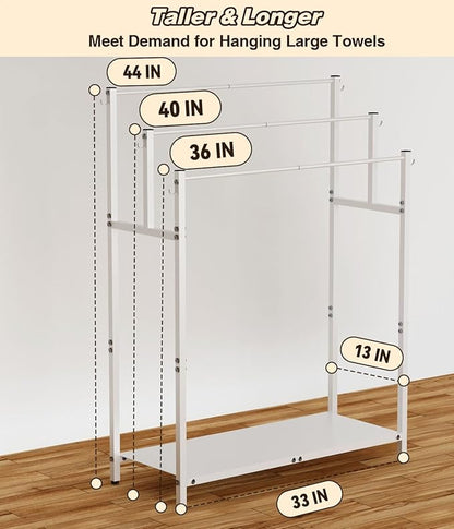 44” Tall Free Standing Towel Racks with 6 Hooks for Bathroom, 3 Tiers Oversized Pool Bath Towels Drying Stand, Metal Blanket Ladder Holder with Storage Shelf for Bedroom Living Room, White