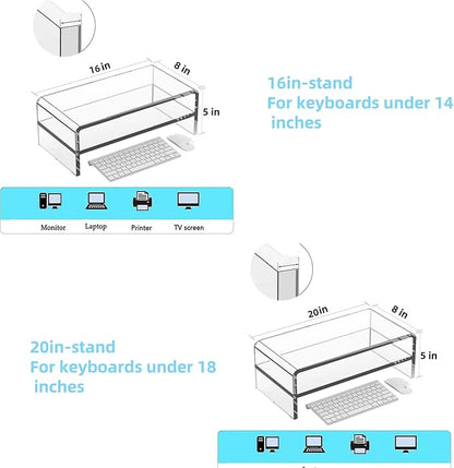 Acrylic Monitor Stand - 16/20 inch 2 Tier Riser for iMac, PC, Desktop, Laptop, TV with Storage Shelf, Home Office Desk Organizer (20in)